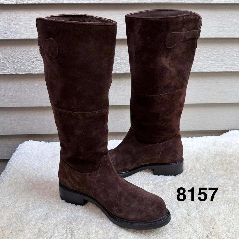 Hand Made in Italy Dark Brown Suede Knee High Riding Boots Lug Sole Women's 39